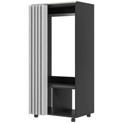 Armoire penderie sur roulettes - tringle penderie, 2 compartiments - effet bois noir rideau gris