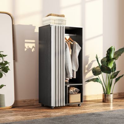 Armoire penderie sur roulettes - tringle penderie, 2 compartiments - effet bois noir rideau gris