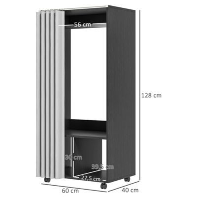 Armoire penderie sur roulettes - tringle penderie, 2 compartiments - effet bois noir rideau gris
