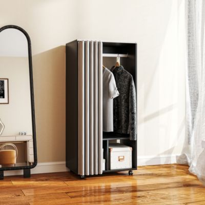 Armoire penderie sur roulettes - tringle penderie, 2 compartiments - effet bois noir rideau gris