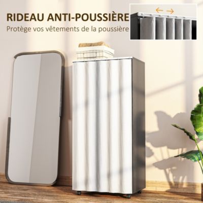 Armoire penderie sur roulettes - tringle penderie, 2 compartiments - effet bois noir rideau gris