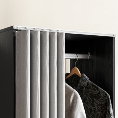 Armoire penderie sur roulettes - tringle penderie, 2 compartiments - effet bois noir rideau gris