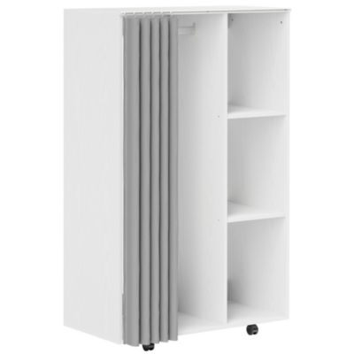 Armoire penderie sur roulettes - tringle, étagère, penderie, 3 compartiments - effet bois blanc rideau gris