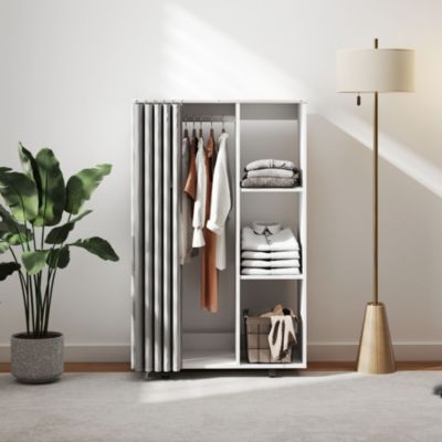 Armoire penderie sur roulettes - tringle, étagère, penderie, 3 compartiments - effet bois blanc rideau gris