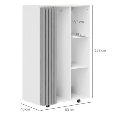 Armoire penderie sur roulettes - tringle, étagère, penderie, 3 compartiments - effet bois blanc rideau gris