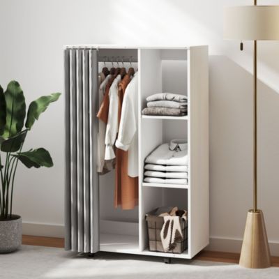 Armoire penderie sur roulettes - tringle, étagère, penderie, 3 compartiments - effet bois blanc rideau gris