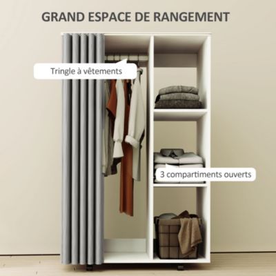 Armoire penderie sur roulettes - tringle, étagère, penderie, 3 compartiments - effet bois blanc rideau gris