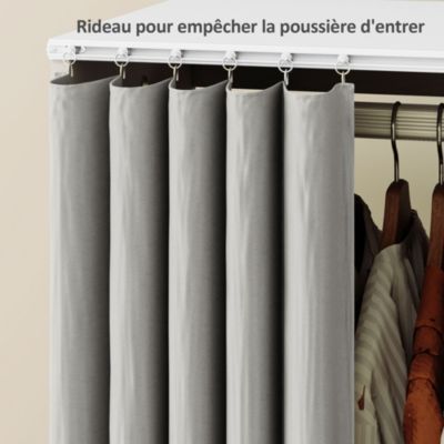 Armoire penderie sur roulettes - tringle, étagère, penderie, 3 compartiments - effet bois blanc rideau gris