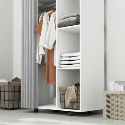 Armoire penderie sur roulettes - tringle, étagère, penderie, 3 compartiments - effet bois blanc rideau gris