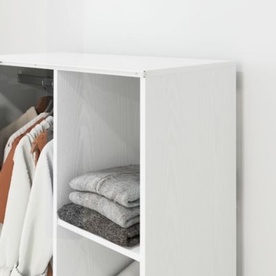 Armoire penderie sur roulettes - tringle, étagère, penderie, 3 compartiments - effet bois blanc rideau gris
