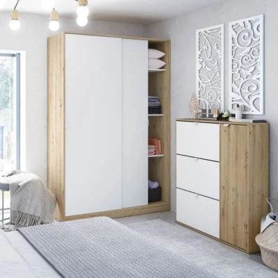 Armoire, placard avec 2 portes coulissantes coloris chêne nordique, blanc artic - longueur 120 x hauteur 200 x profondeur 50 cm
