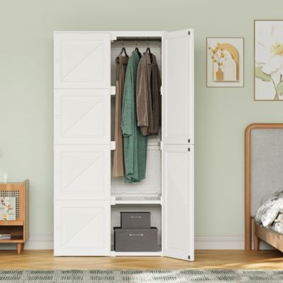 Armoire portable pliable à 6 portes et 5 compartiments avec penderie, 69x50x136 cm, Blanc