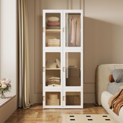 Armoire portable pliable à portes transparentes, commode à vêtements, 6 portes et 1 penderie, 69x50x170 cm, blanc