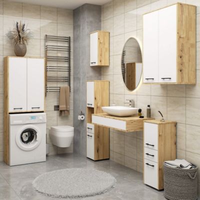 Armoire salle de bains AKORD FIN accr. au mur Chêne Artisan 30 cm 1 porte façade Blanche 2 étagères 30x22,5x60 cm