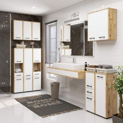 Armoire salle de bains AKORD FIN accr. au mur Chêne Artisan 30 cm 1 porte façade Blanche 2 étagères 30x22,5x60 cm