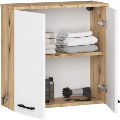Armoire salle de bains AKORD FIN accr. au mur Chêne Artisan 60 cm 2 portes façade Blanche 2 étagères 60x22,5x60 cm