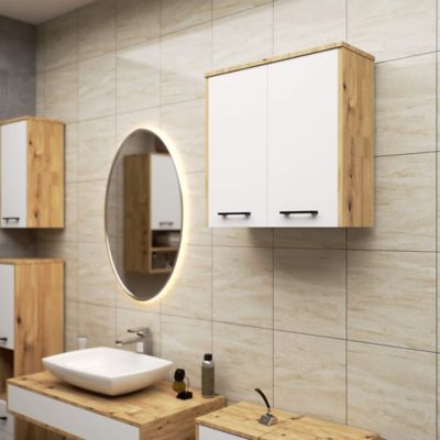 Armoire salle de bains AKORD FIN accr. au mur Chêne Artisan 60 cm 2 portes façade Blanche 2 étagères 60x22,5x60 cm