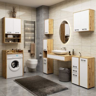 Armoire salle de bains AKORD FIN accr. au mur Chêne Artisan 60 cm 2 portes façade Blanche 2 étagères 60x22,5x60 cm