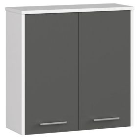Armoire salle de bains AKORD FIN Meuble Haut Suspendue Blanche 60 cm 2 portes façade Gris Graphite 2 étagères 60x22,5x60 cm