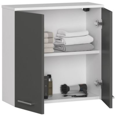 Armoire salle de bains AKORD FIN Meuble Haut Suspendue Blanche 60 cm 2 portes façade Gris Graphite 2 étagères 60x22,5x60 cm