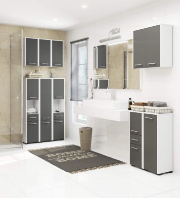 Armoire salle de bains AKORD FIN Meuble Haut Suspendue Blanche 60 cm 2 portes façade Gris Graphite 2 étagères 60x22,5x60 cm