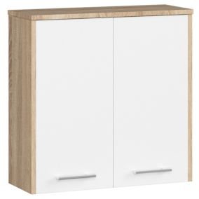 Armoire salle de bains AKORD FIN Meuble Haut Suspendue Chêne Sonoma 60 cm 2 portes façade Blanche 2 étagères 60x22,5x60 cm