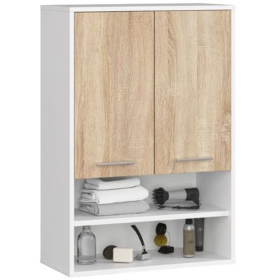Armoire salle de bains suspendue AKORD FIN Blanche 64 cm 2 portes façade Chêne Sonoma 4 étagères 64x30x94 cm