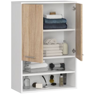 Armoire salle de bains suspendue AKORD FIN Blanche 64 cm 2 portes façade Chêne Sonoma 4 étagères 64x30x94 cm