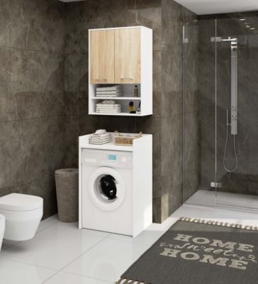 Armoire salle de bains suspendue AKORD FIN Blanche 64 cm 2 portes façade Chêne Sonoma 4 étagères 64x30x94 cm