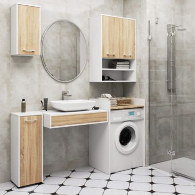 Armoire salle de bains suspendue AKORD FIN Blanche 64 cm 2 portes façade Chêne Sonoma 4 étagères 64x30x94 cm