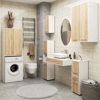 Armoire salle de bains suspendue AKORD FIN Blanche 64 cm 2 portes façade Chêne Sonoma 4 étagères 64x30x94 cm