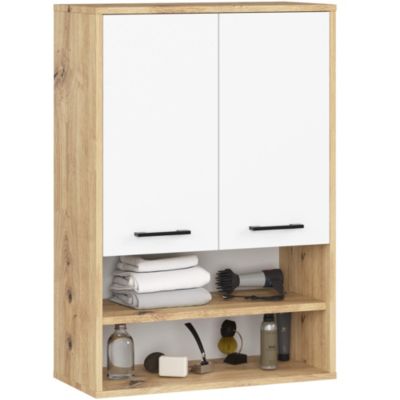 Armoire salle de bains suspendue AKORD FIN Chêne Artisan 64 cm 2 portes façade Blanche 4 étagères 64x30x94 cm