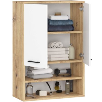 Armoire salle de bains suspendue AKORD FIN Chêne Artisan 64 cm 2 portes façade Blanche 4 étagères 64x30x94 cm