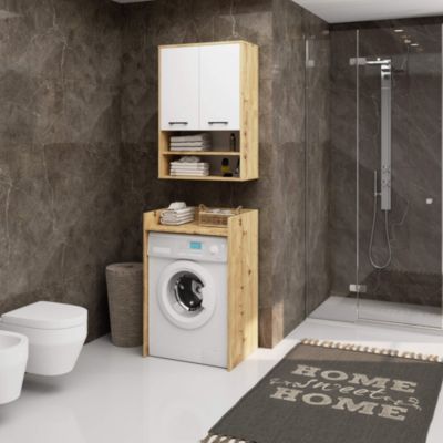 Armoire salle de bains suspendue AKORD FIN Chêne Artisan 64 cm 2 portes façade Blanche 4 étagères 64x30x94 cm