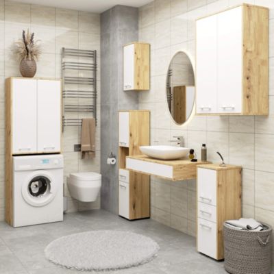 Armoire salle de bains suspendue AKORD FIN Chêne Artisan 64 cm 2 portes façade Blanche 4 étagères 64x30x94 cm