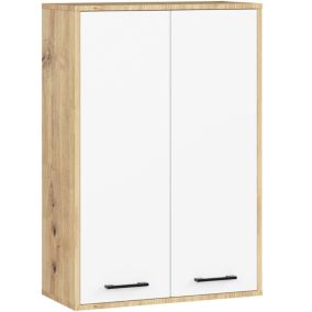 Armoire salle de bains suspendue AKORD FIN Chêne Artisan 64 cm 2 portes pleine Blanche 4 étagères 64x30x94 cm