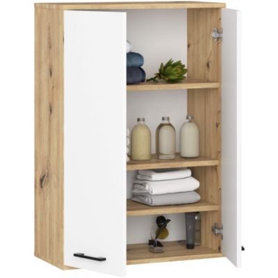 Armoire salle de bains suspendue AKORD FIN Chêne Artisan 64 cm 2 portes pleine Blanche 4 étagères 64x30x94 cm