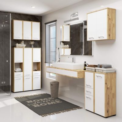 Armoire salle de bains suspendue AKORD FIN Chêne Artisan 64 cm 2 portes pleine Blanche 4 étagères 64x30x94 cm