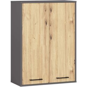 Armoire salle de bains suspendue AKORD FIN Gris Graphite 64 cm 2 portes pleine Chêne Artisan 4 étagères 64x30x94 cm
