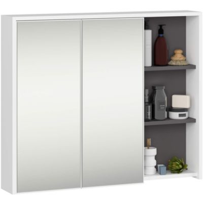 Armoire salle de bains VAMI suspendu avec miroir Blanche 90 cm 2 portes façade Gris Graphite 6 étagères 90x15x75 cm
