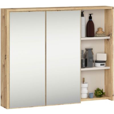 Armoire salle de bains VAMI suspendu avec miroir Chêne Artisan 90 cm 2 portes façade Cachmire 6 étagères 90x15x75 cm