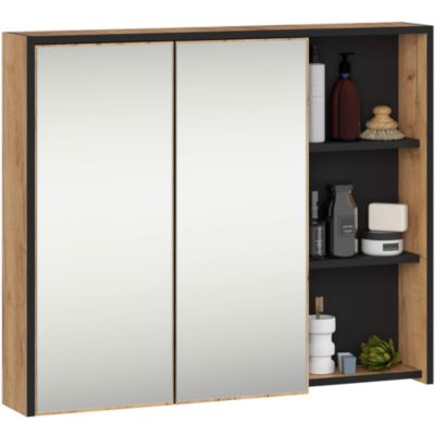 Armoire salle de bains VAMI suspendu avec miroir Chêne Craft 90 cm 2 portes façade Noire 6 étagères 90x15x75 cm