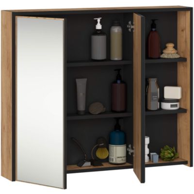Armoire salle de bains VAMI suspendu avec miroir Chêne Craft 90 cm 2 portes façade Noire 6 étagères 90x15x75 cm