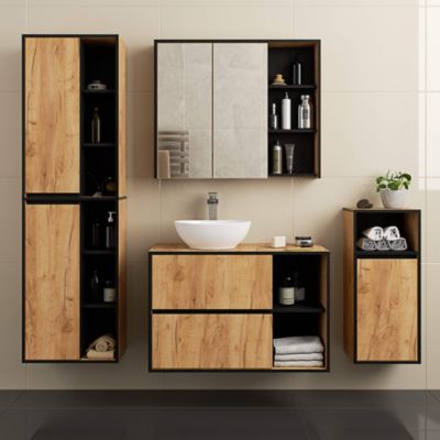 Armoire salle de bains VAMI suspendu avec miroir Chêne Craft 90 cm 2 portes façade Noire 6 étagères 90x15x75 cm