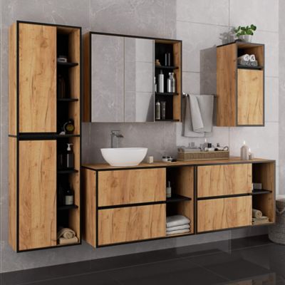 Armoire salle de bains VAMI suspendu avec miroir Chêne Craft 90 cm 2 portes façade Noire 6 étagères 90x15x75 cm