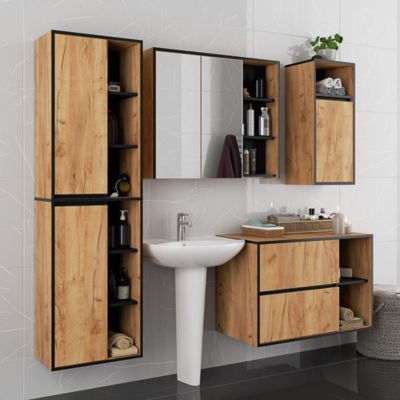 Armoire salle de bains VAMI suspendu avec miroir Chêne Craft 90 cm 2 portes façade Noire 6 étagères 90x15x75 cm
