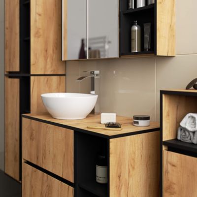 Armoire salle de bains VAMI suspendu avec miroir Chêne Craft 90 cm 2 portes façade Noire 6 étagères 90x15x75 cm
