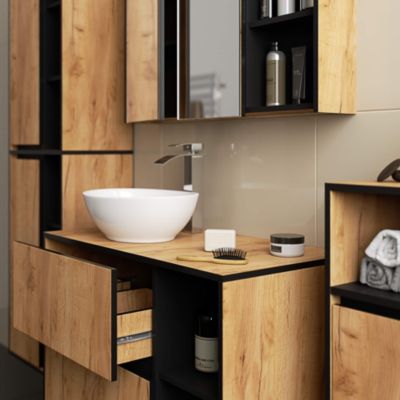 Armoire salle de bains VAMI suspendu avec miroir Chêne Craft 90 cm 2 portes façade Noire 6 étagères 90x15x75 cm