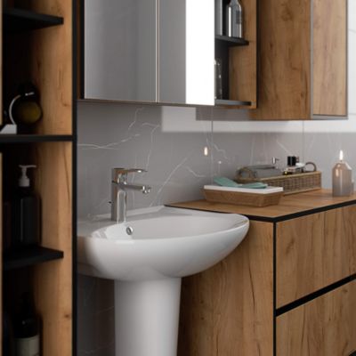 Armoire salle de bains VAMI suspendu avec miroir Chêne Craft 90 cm 2 portes façade Noire 6 étagères 90x15x75 cm