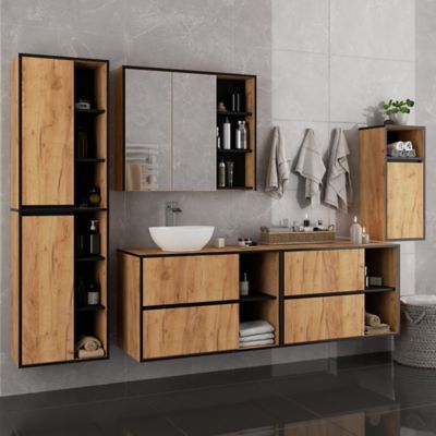 Armoire salle de bains VAMI suspendu Chêne Craft 35 cm 1 porte façade Noire 3 étagères 35x30x80 cm
